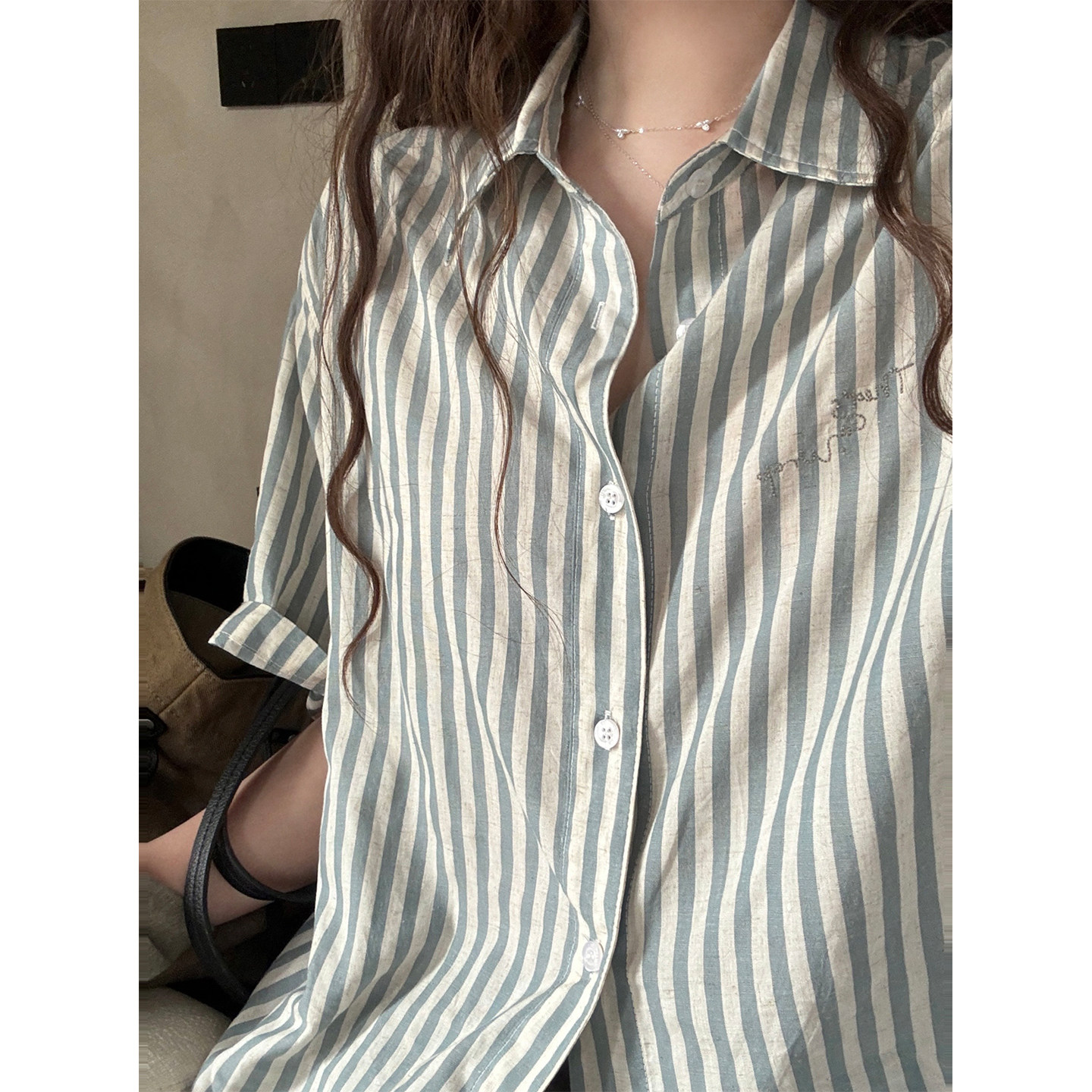 JMWOMEN"掉在衬衫的句子" 雾霾蓝条纹短袖衬衫女夏季简约翻领上衣