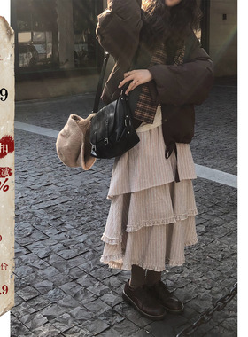 JMWOMEN 圆圈雨季 灰色条纹高腰半身裙女秋冬旋律层次设计a字长裙