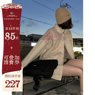 jmwomen日系复古字母印花毛呢外套女冬宽松显瘦保暖bf慵懒风大衣