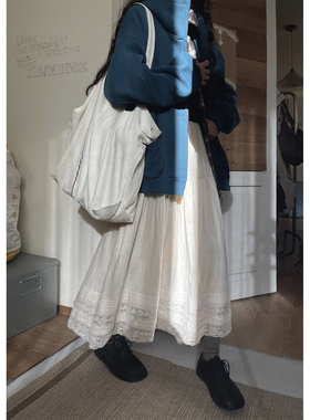 JMwomen森系杏色棉麻蕾丝半身裙女春秋2025复古宽松a字中长款长裙