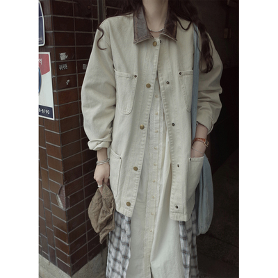 JMWOMEN小镇巴恩风 洗旧皮领工装牛仔外套女春季宽松复古百搭上衣