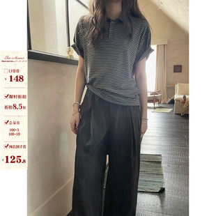 T恤女夏季 JMWOMEN深灰色复古简约条纹Polo领短袖 宽松慵懒翻领上衣