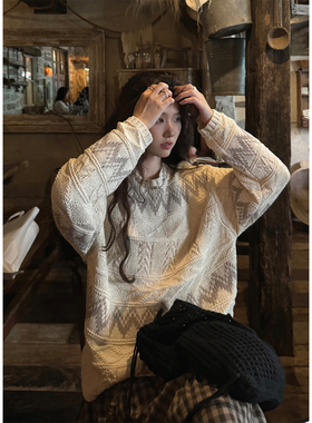 JMWOMEN呼吸雾 复古菱形提花纹理毛衣女秋季宽松慵懒开衩设计上衣