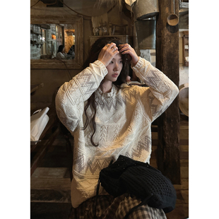 JMWOMEN呼吸雾 复古菱形提花纹理毛衣女秋季宽松慵懒开衩设计上衣