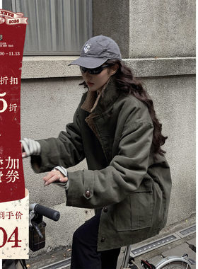 复古灯芯绒外套羊羔毛绿色外套