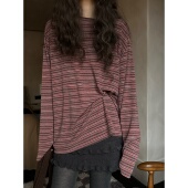JMWOMEN粉色磨毛条纹长袖 T恤女2025秋冬款 宽松慵懒感百搭打底上衣