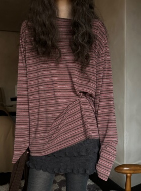 JMWOMEN粉色磨毛条纹长袖T恤女2025秋冬款宽松慵懒感百搭打底上衣