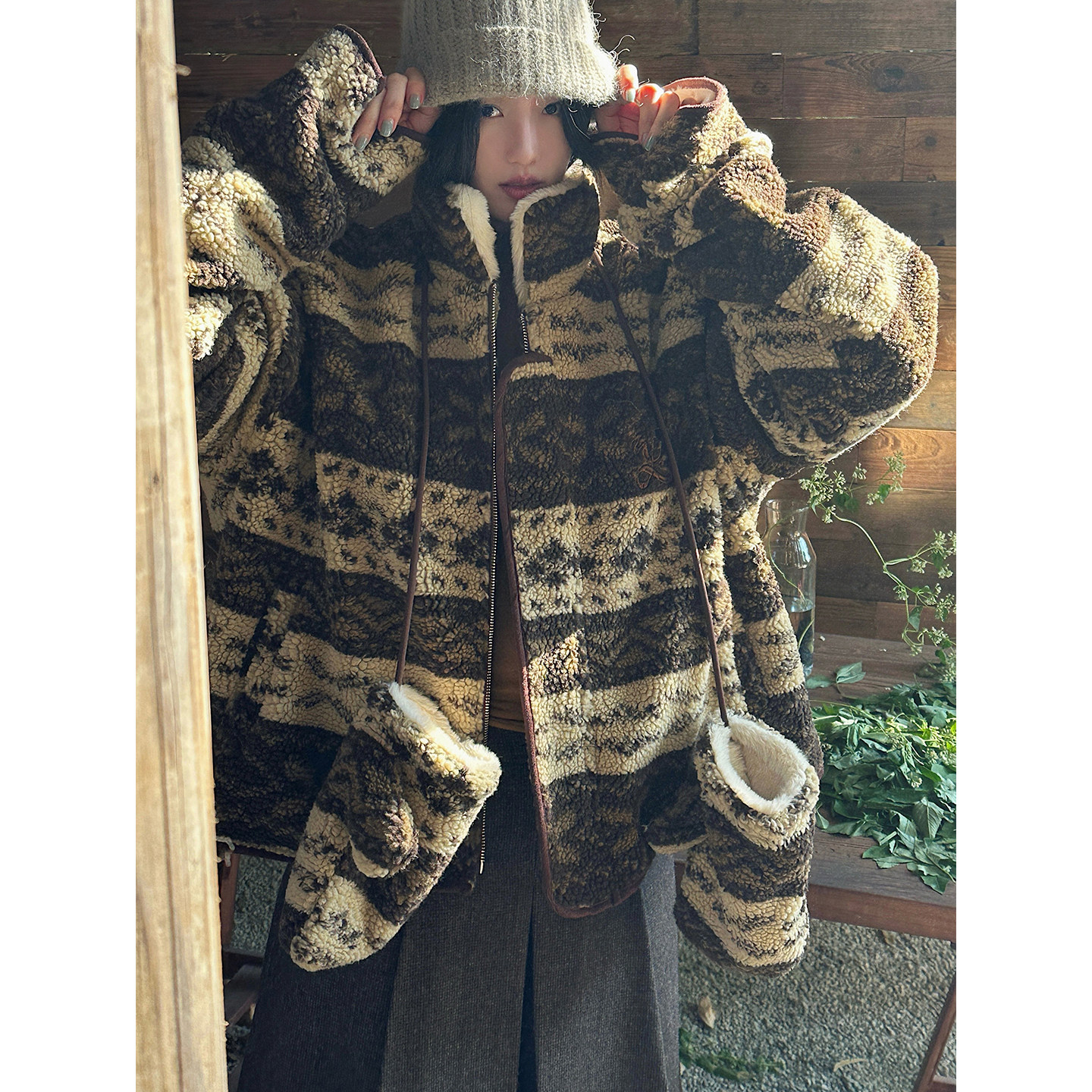 JMWOMEN送手套 波尔米亚羊羔毛外套女冬加厚内加绒毛立领毛毛上衣