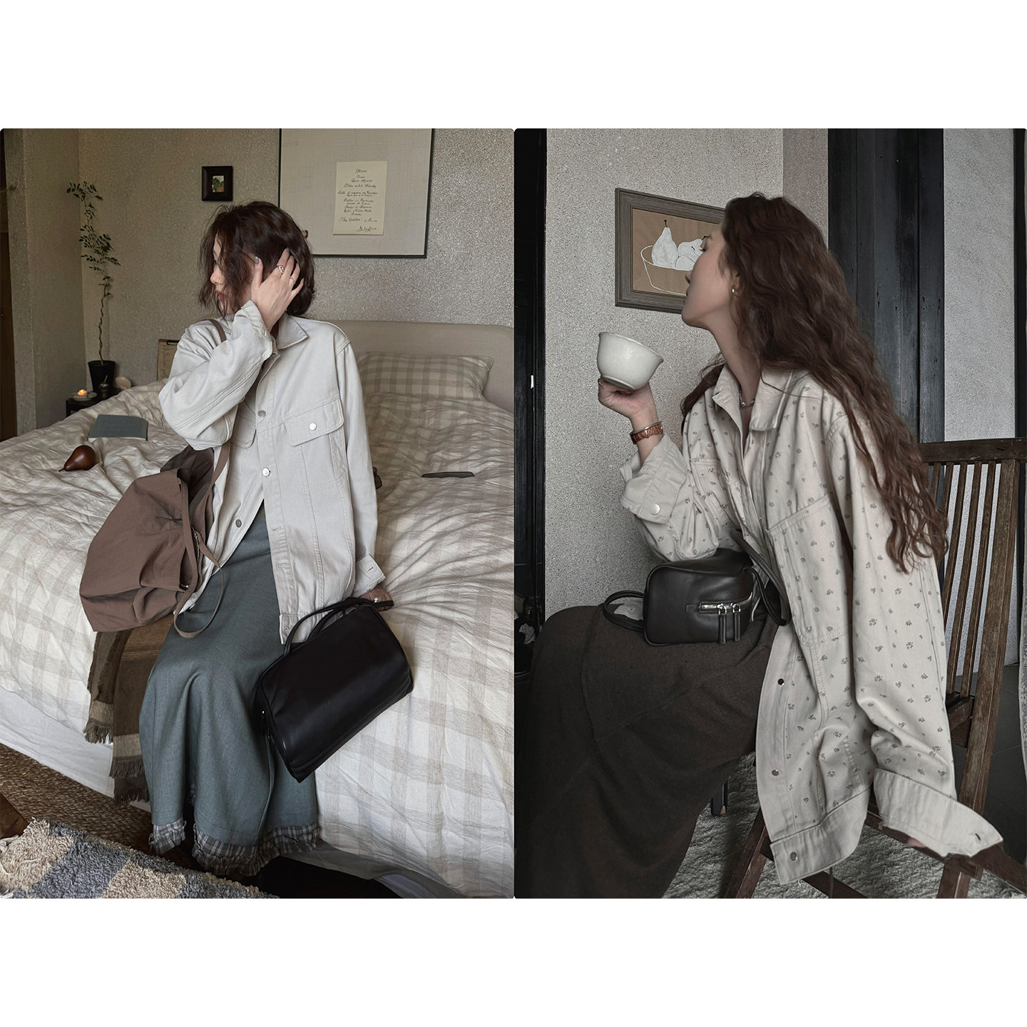 JMWOMEN 一衣两穿 杏色碎花牛仔外套女秋宽松百搭双面穿翻领外套
