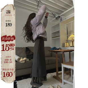 JMWOMEN 加厚宽松中古长裙 绿色日系复古拼接格子高腰半身裙女冬季