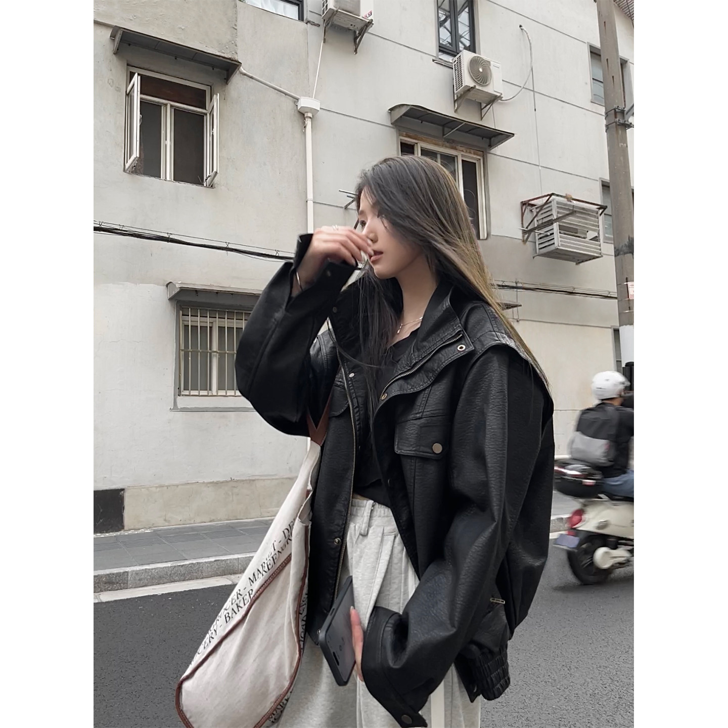 黑色美式复古荔枝纹皮衣夹克女秋季宽松显瘦酷飒风pu皮机车外套,女装/女士精品,皮衣,淘宝优惠券,粉丝福利购,淘宝优惠卷