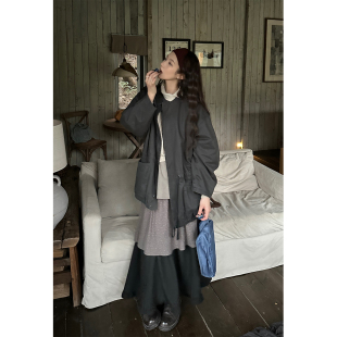 JMWOMEN 灰色复古褶皱廓形立领棉服女冬季宽松保暖工装风抽绳外套