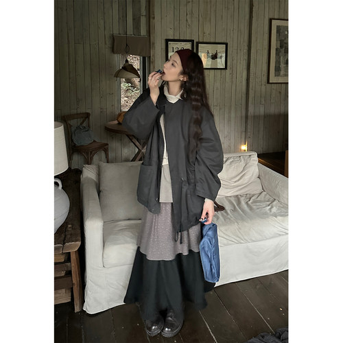 JMWOMEN 灰色复古褶皱廓形立领棉服女冬季宽松保暖工装风抽绳外套