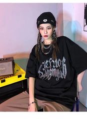 純重工燙鑽短袖國潮嘻哈情侶款男女學生街頭短袖恤