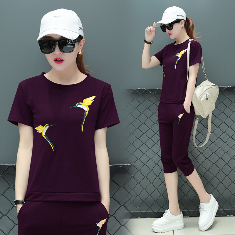 Real shooting cotton above short sleeve sports suit women's embroidered Capris two piece sports suit