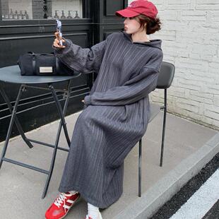 连帽加绒加厚灰色卫衣连衣裙胖mm冬季暖和韩版宽松休闲直筒长裙子