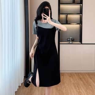 小众设计感假两件连衣裙夏季 微胖女装 胖mm气质开叉通勤开叉小黑裙