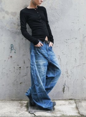 Monday JA 复古做旧蓝色水洗牛仔裤女 秋季宽松休闲直筒阔腿裤子