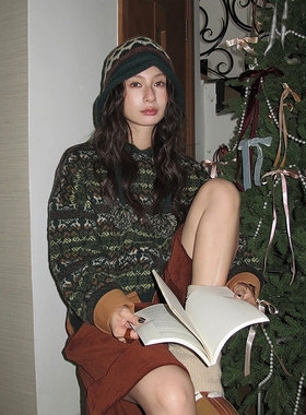 Monday JA 圣诞节纯羊毛衣女秋冬季费尔岛宽松毛针织衫上衣带帽子