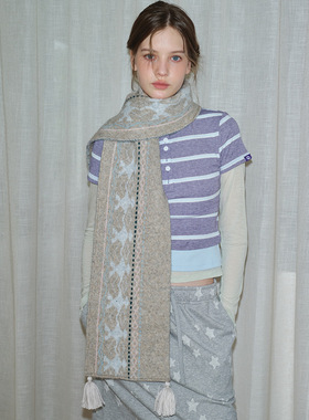 Monday JA 复古羊毛混纺费尔岛围巾男女冬季挂须搭配柔软毛线披肩