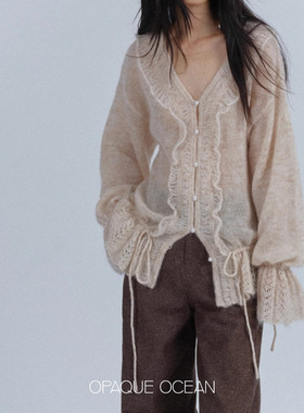 Monday JA 廓形软糯抽绳V领马海毛针织衫女宽松木耳边开衫毛衣