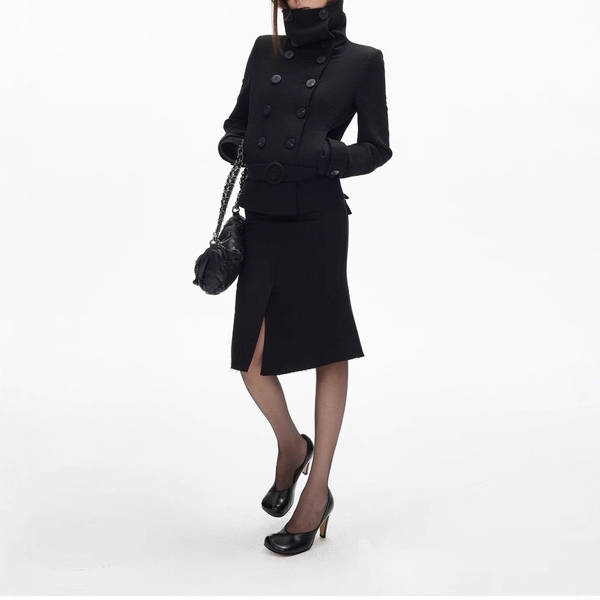 Monday JA新品92折 复古羊毛腰带毛呢外套女秋冬短款修身呢子上衣