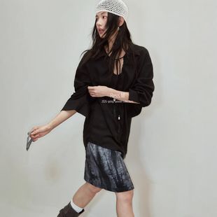 Monday JA 新品 复古棉麻扎染毛边短款半身裙春季直筒高腰中裙子