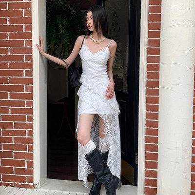 Monday JA 白色设计感不规则连衣裙女夏季修身显瘦蕾丝拼接吊带裙