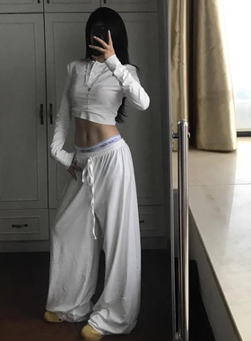 Mondy JA 欧美休闲短款白色t恤上衣女秋季慵懒阔腿宽松长裤套装