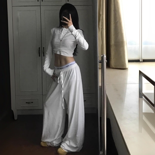 Mondy JA 欧美休闲短款白色t恤上衣女秋季慵懒阔腿宽松长裤套装