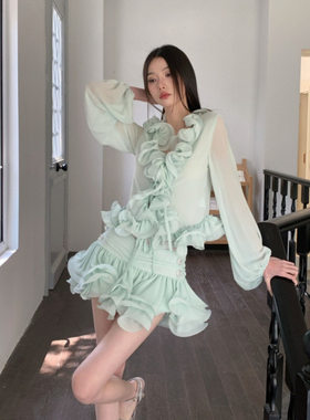 Monday JA 雪纺立体荷叶边花朵开衫上衣短裙女夏季甜美度假风套装
