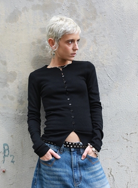 Monday JA 黑色简约纯色羊毛针织衫女秋季圆领修身显瘦毛开衫外套