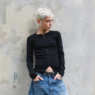 Monday JA 黑色简约纯色羊毛针织衫女秋季圆领修身显瘦毛开衫外套