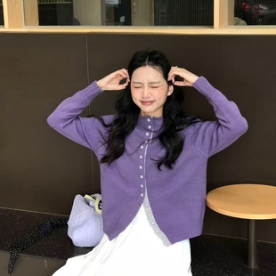 Monday JA 复古紫色半高领毛衣开衫女 秋冬季温柔氛围感针织外套