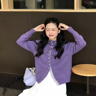 Monday JA 复古紫色半高领毛衣开衫女 秋冬季温柔氛围感针织外套