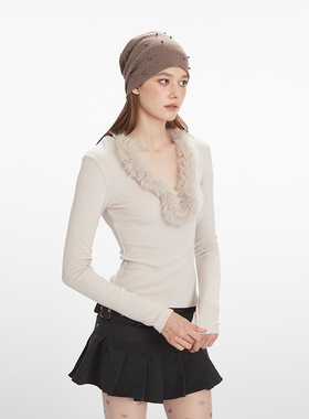 Monday JA 复古法式毛毛V领修身长袖打底T恤女秋冬季气质内搭上衣