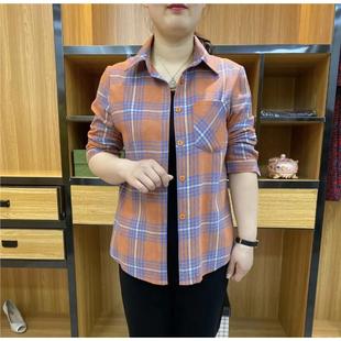 女装 春秋季 中年大码 纯棉休闲妈妈装 上衣中老年薄外套 t恤格子衬衫