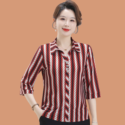 妈妈夏装七分袖条纹衬衫上衣时尚休闲中老年女薄款Polo领T恤小衫