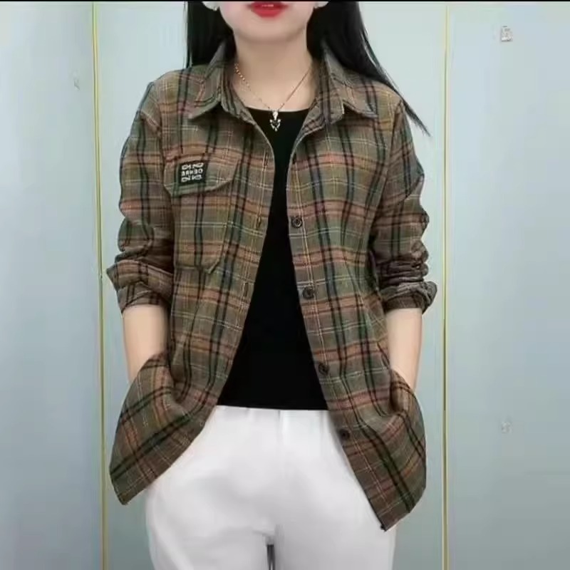 商场折扣~专柜撤回大码格子衬衫女2024秋休闲显瘦百搭长袖外套潮