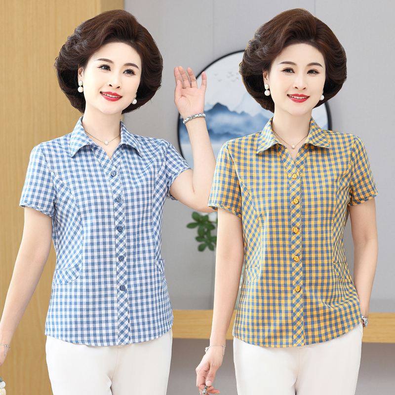 中老年夏装纯棉衬衫短袖T恤女全棉妈妈夏季宽松上衣薄款格子衬衣