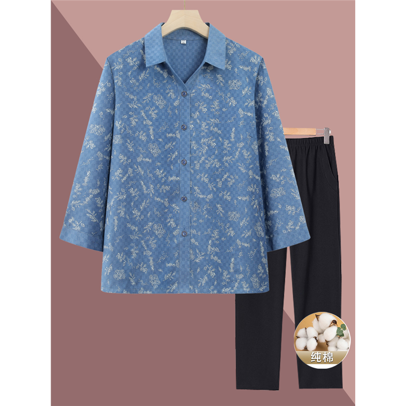 奶奶装夏季纯棉衬衫老年女装中袖衣服妈妈夏装薄款休闲老太太套装
