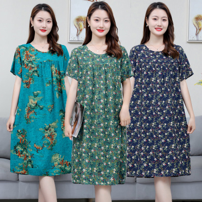 短袖绵绸连衣裙妈妈夏装纯棉绸睡裙薄款家居休闲裙中老年人裙睡衣