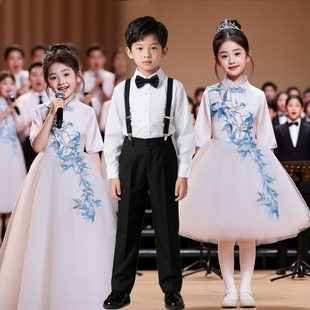 儿童合唱团小学生爱国演讲诗歌朗诵比赛演出服少儿蓝色女童礼服装