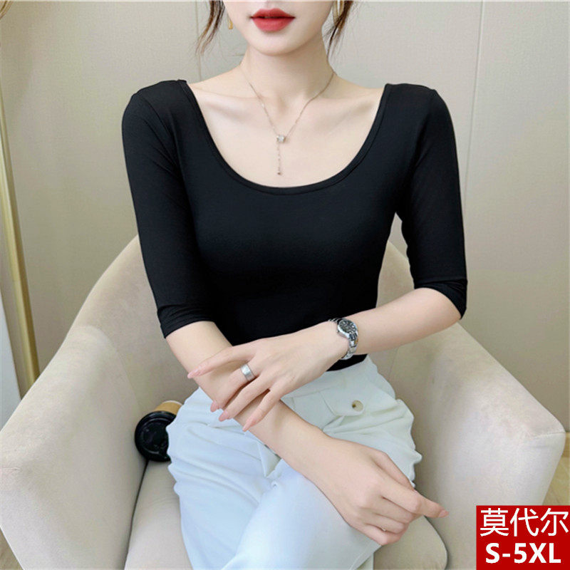 莫代尔低领露背弹力上衣舞蹈t恤图片