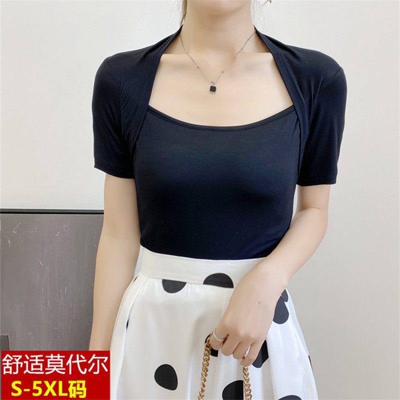 法式复古方领短袖t恤女莫代尔紧身露锁骨性感拉丁芭蕾舞蹈服上衣