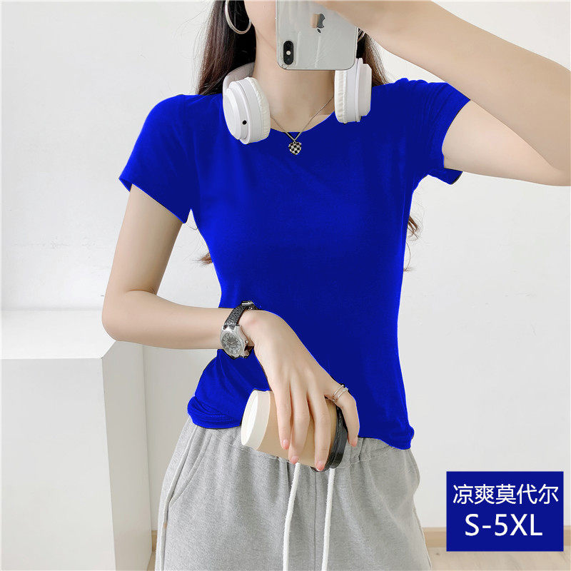 克莱因蓝莫代尔短袖t恤女大码弹力薄款半袖运动健身瑜伽服上衣夏