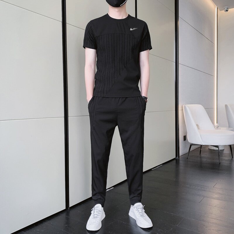 耐克顿男士休闲套装夏季潮流冰丝短袖长裤一套帅气搭配青年两件套