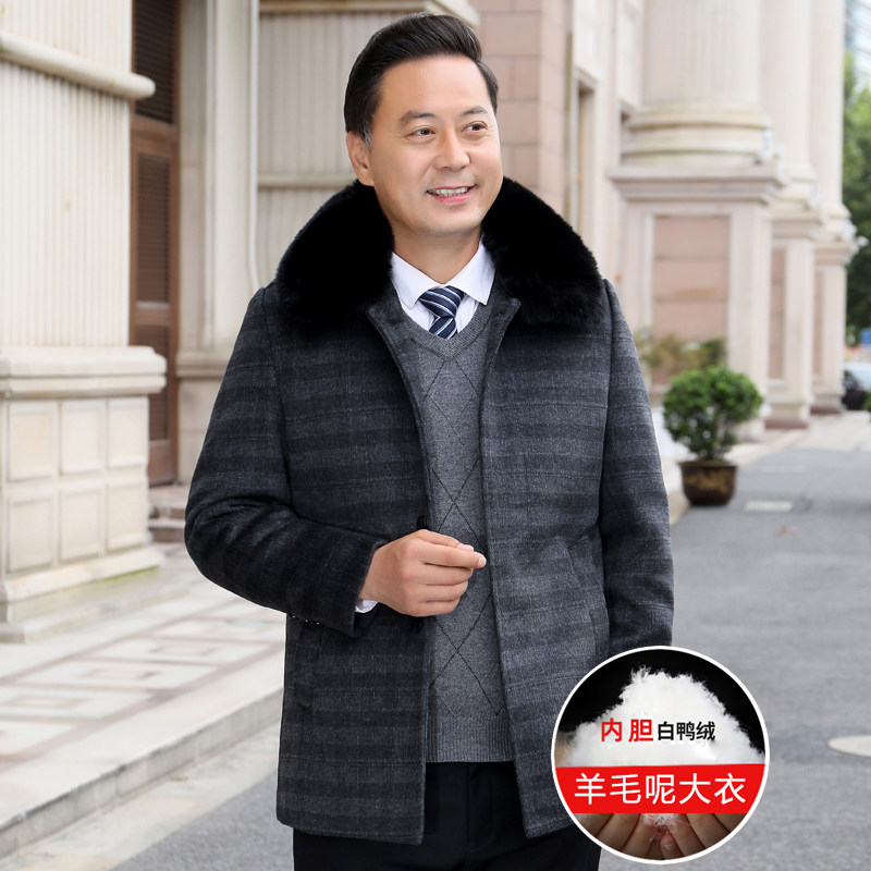 8121/羽绒内胆羊毛呢大衣爸爸大衣中老年爷爷冬装外套风衣图片