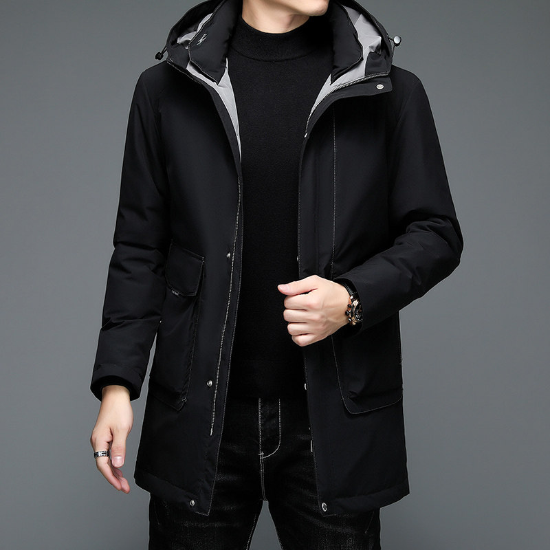 6105/P240休闲商务男装羽绒服中老年爸爸羽绒衣中长款帽子外套图片
