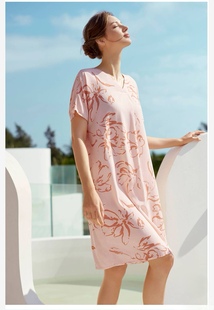 特惠伊维斯女舒适柔软可外穿V领短袖连衣睡裙家居服睡衣10311153